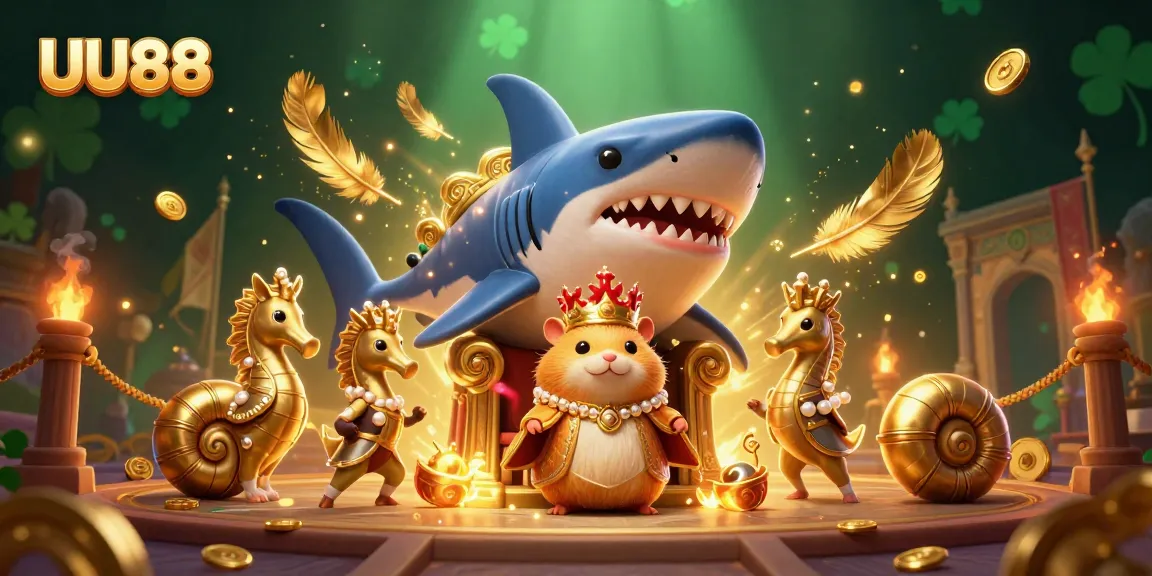 Engage with UU88's vibrant gaming world, featuring a golden hamster king in a dynamic casino scene.