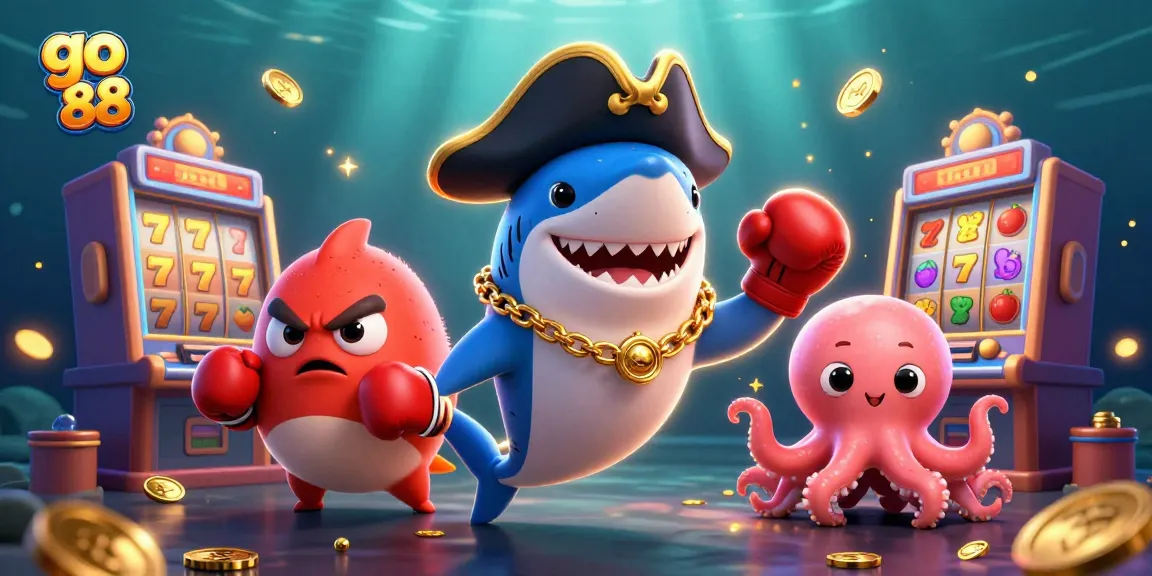 Win big at go 88 with cartoon characters enjoying slot machines, gold coins, and casino excitement.