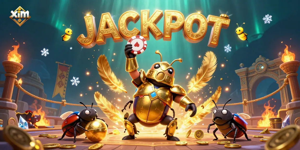Join the excitement at xim with the hercules beetle celebrating a jackpot victory in a vibrant casino scene.