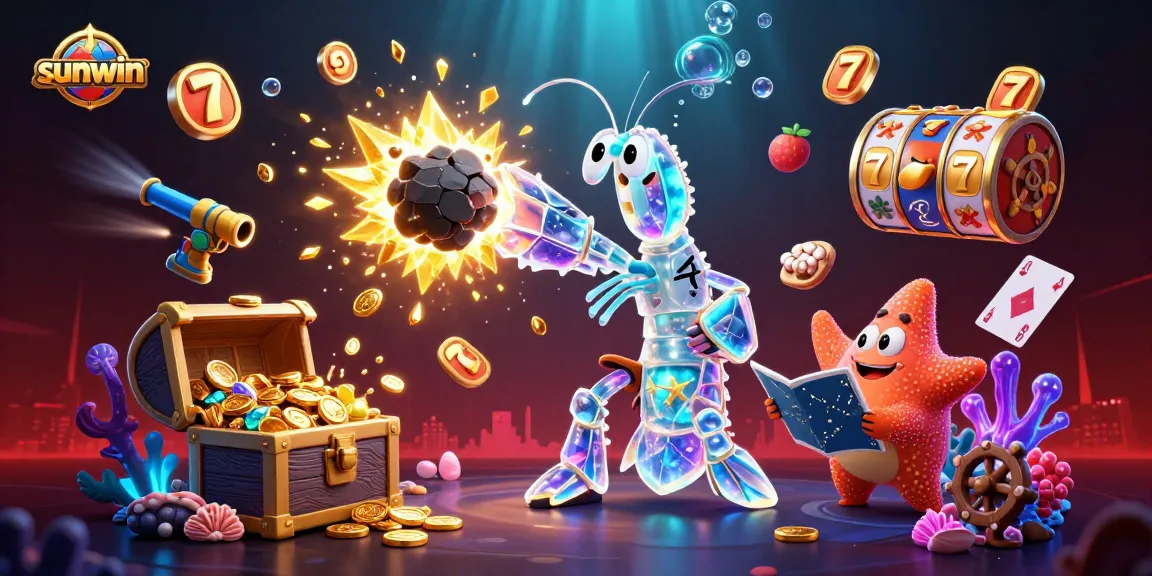 Experience thrilling gaming action with sunwin's vibrant 3D illustration featuring a galactic samurai mantis shrimp.