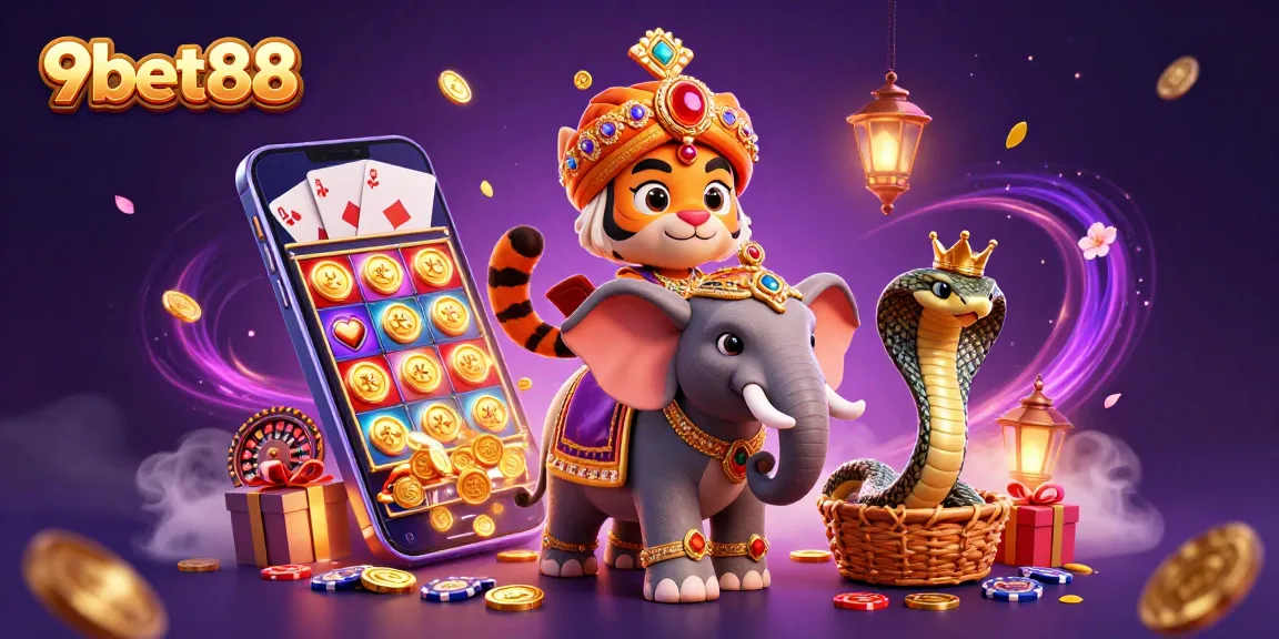 Experience thrilling casino adventures with 9bet88 in a vibrant 3D illustration featuring iconic characters.
