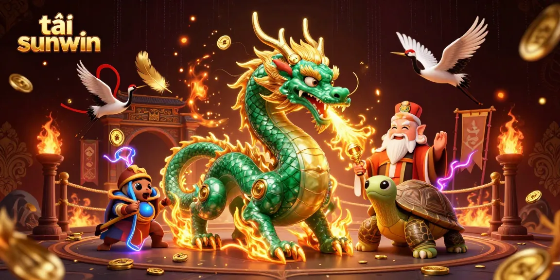 Launch the tải sunwin app featuring an emerald jade dragon and a wise turtle sage in an elaborate casino scene.