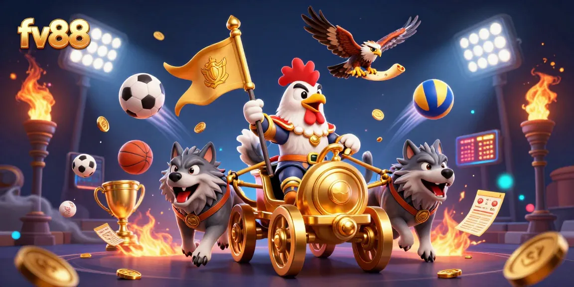 Experience the thrilling action of fv88 with a cartoon rooster warlord leading a golden chariot in a dynamic sports betting scene.