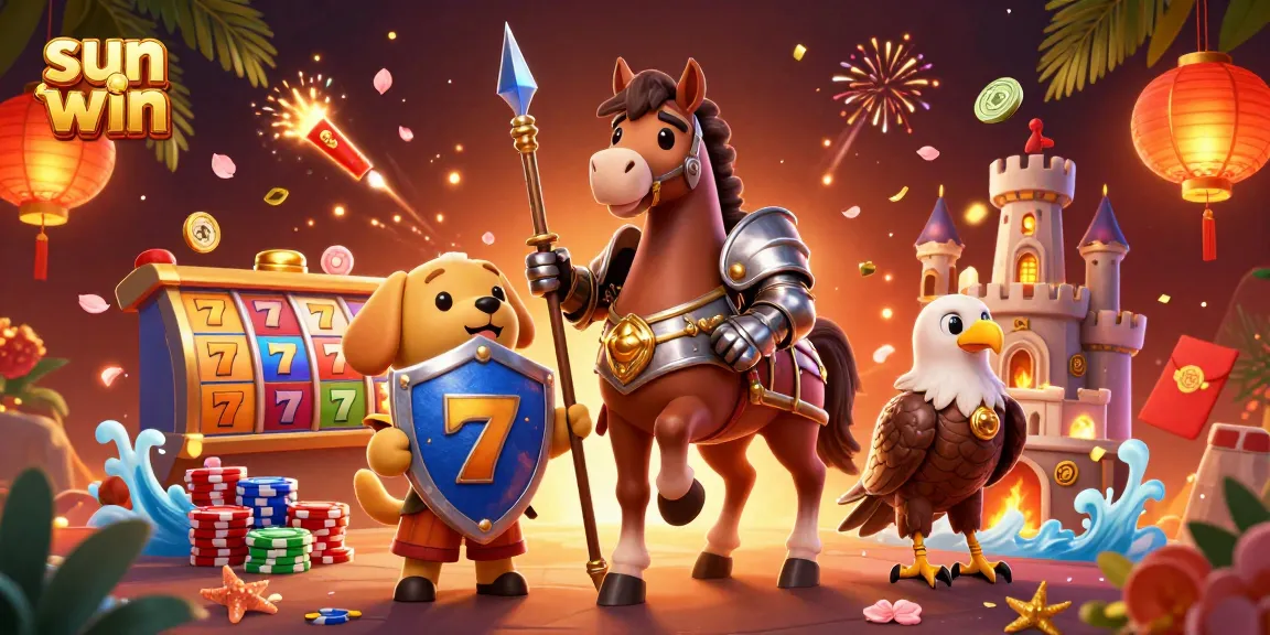 Engage in thrilling gaming experiences with sun win's vibrant scene featuring knightly characters and casino symbols.