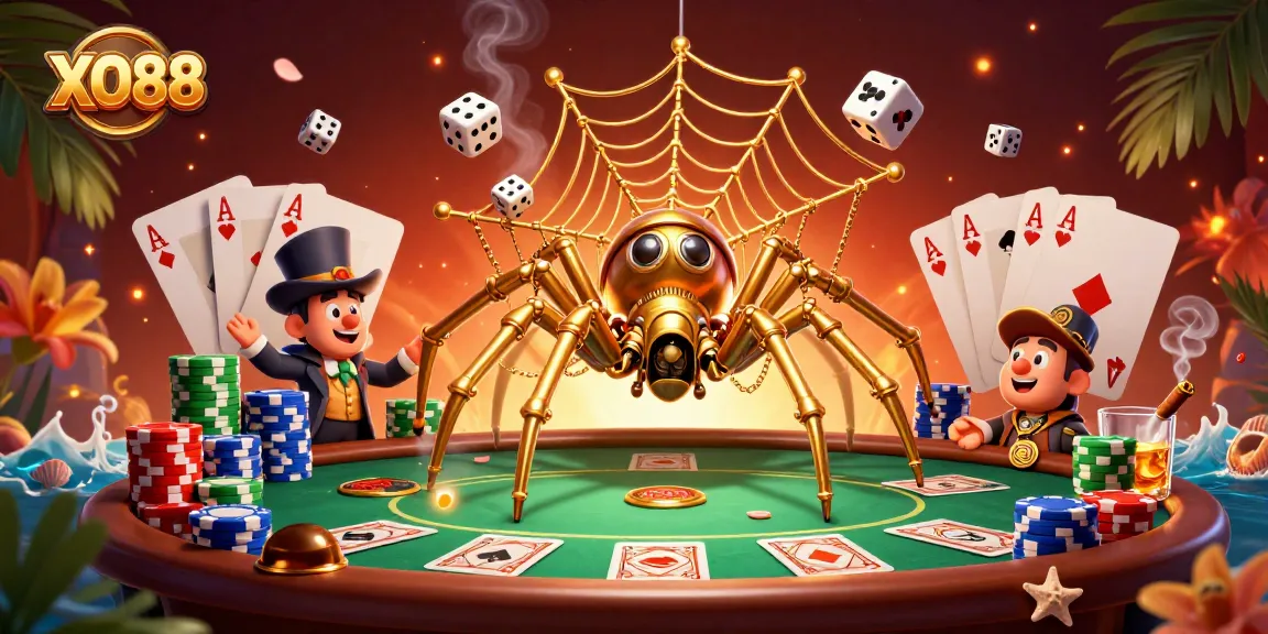 Experience thrilling gaming action at XO88 with a lively steampunk scene showcasing poker and dice.