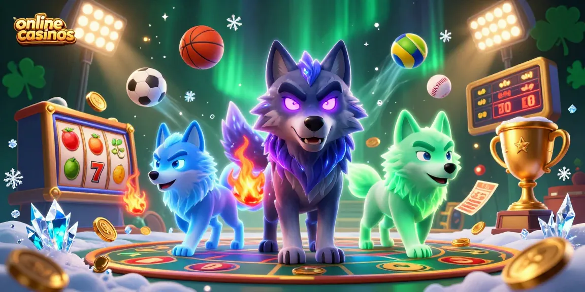 Engage with thrilling online casinos through a vibrant scene of a shadow wolf pack leader and casino elements.