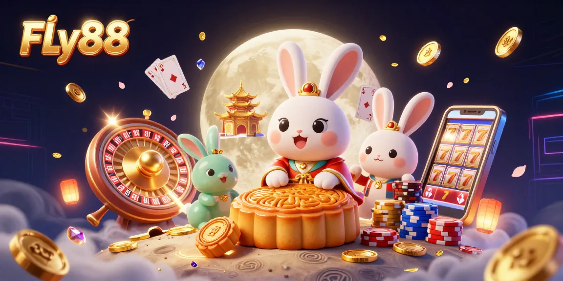Playing slots at FLY88 with 3D moon rabbit characters surrounded by golden coins.