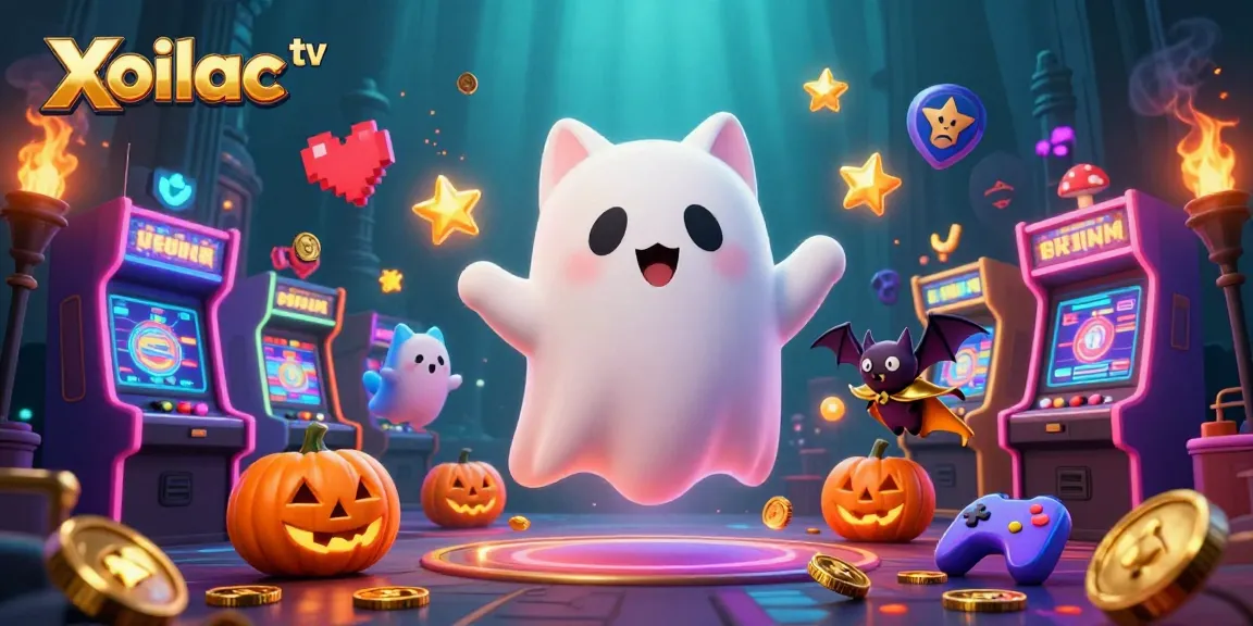 Xoilac tv offers an engaging scene with a ghost cat and casino elements, creating a dynamic gambling atmosphere.