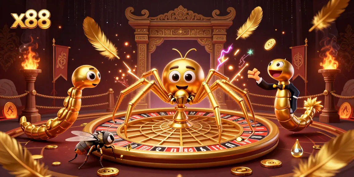 x88 players placing bets in a vibrant casino illustration featuring a spider and centipede croupier.