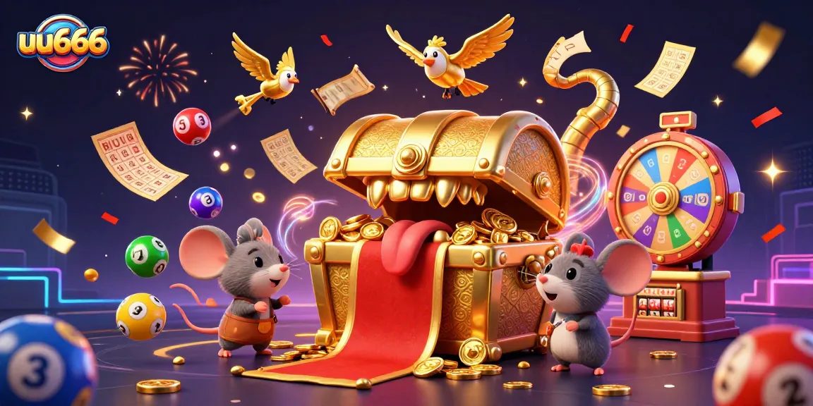 Experience thrilling winnings at uu666 with a vibrant casino-themed illustration showcasing rich treasures and dynamic gaming elements.