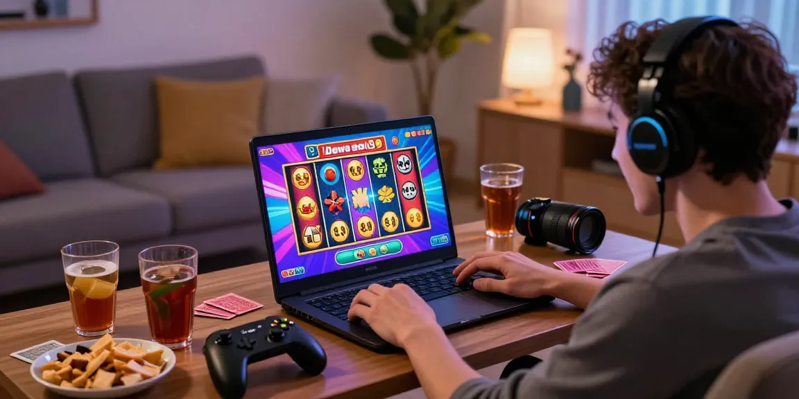Exciting online gaming scene featuring dewa slot on a laptop in a cozy home environment.