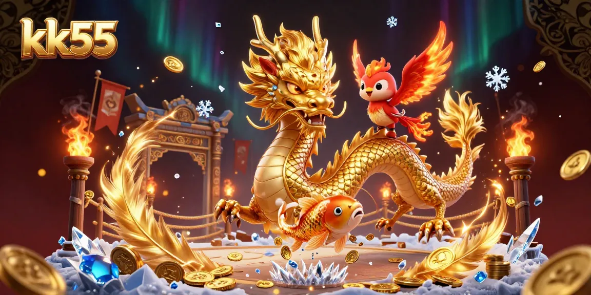 Experience exciting gameplay at kk55 with a fierce dragon, phoenix, and lucky koi fish amidst gold coins.