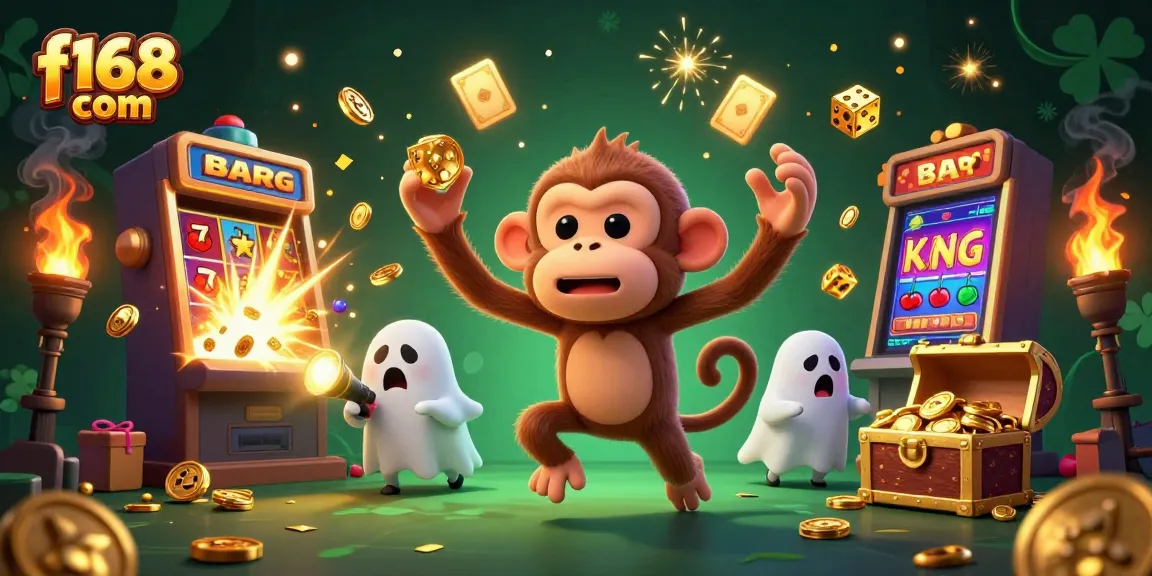 Engage with f168 com in a vibrant casino scene with a playful poltergeist monkey and ghost-hunter puppy.