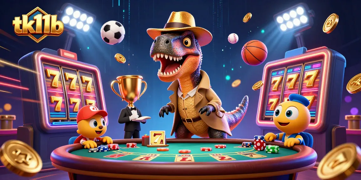 Experience the excitement of tk11b with animated characters at a lively blackjack table adorned with slot game elements.