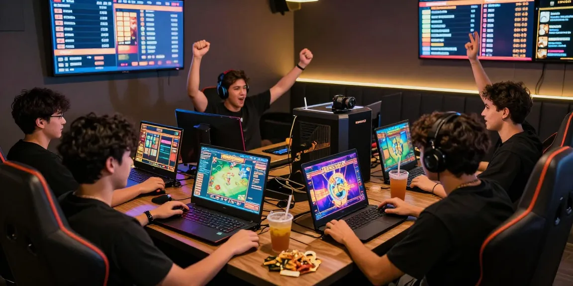 wd138 login scene showcasing players enjoying online slots in a vibrant gaming café.